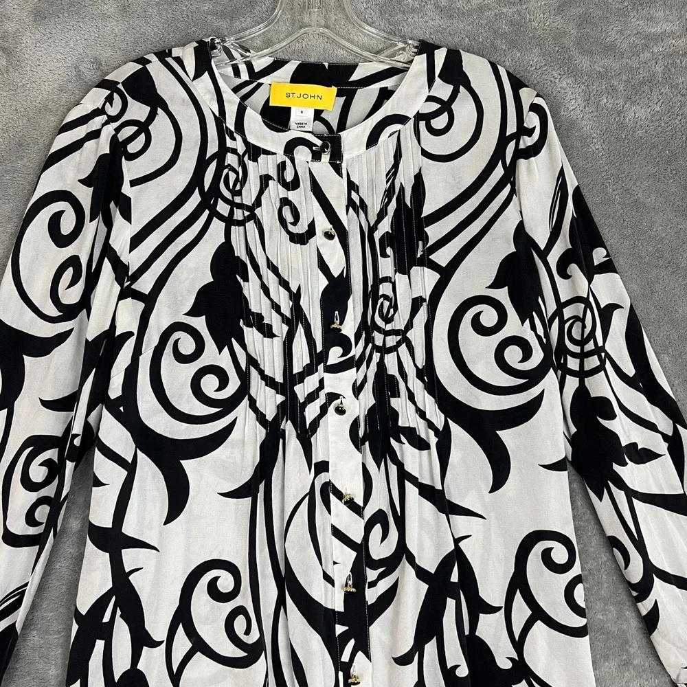 St John Blouse Womens 8 Black White Abstract Pleated Long Sleeve Career